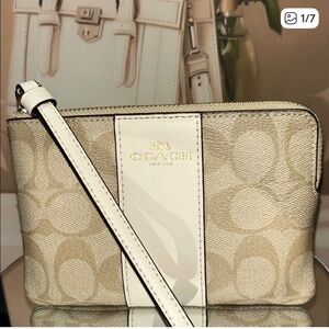 Coach Signature Beige and White Wristlet